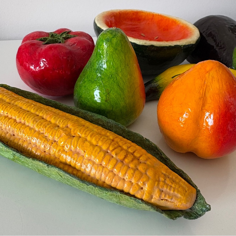 Vintage Paper Maché Fruit and Vegetables Strawberry Melon Tomato Eggplant Corn
